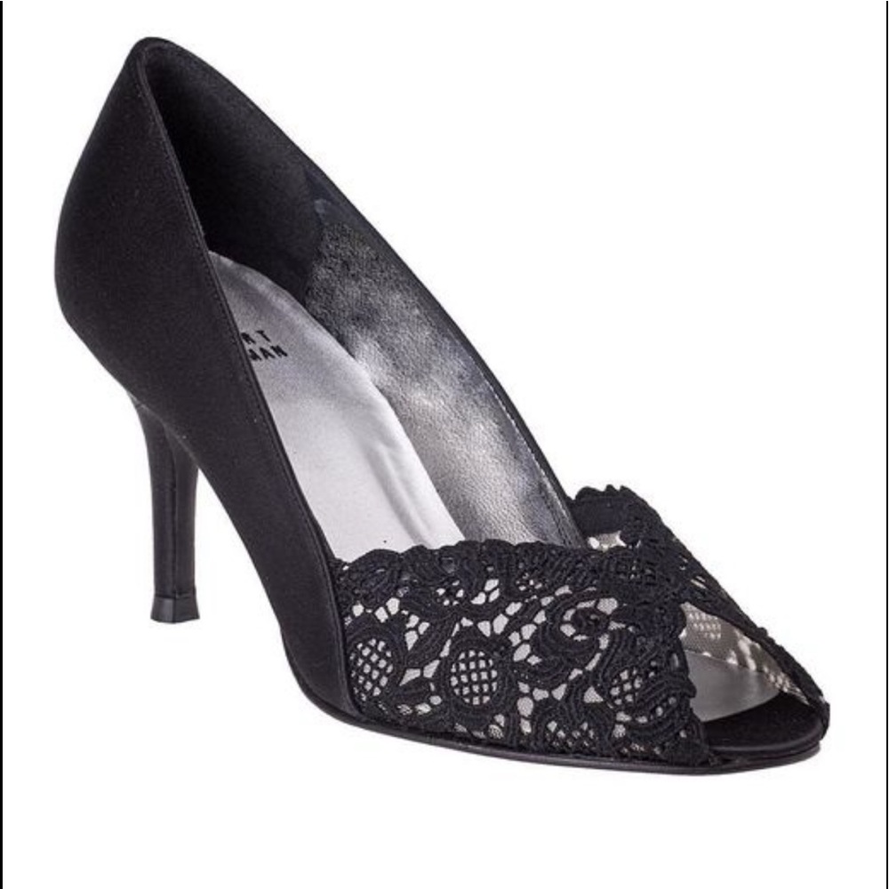 Stuart Weitzman Chantelle Black Satin Lace Pumps